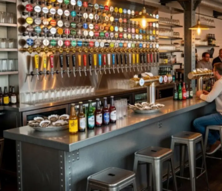 Bar de brasserie animé avec mur de tireuses et pintes de bière