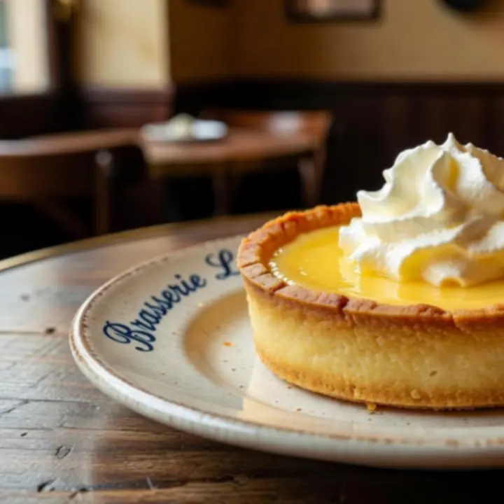 Tarte au citron dressée dans une assiette de brasserie