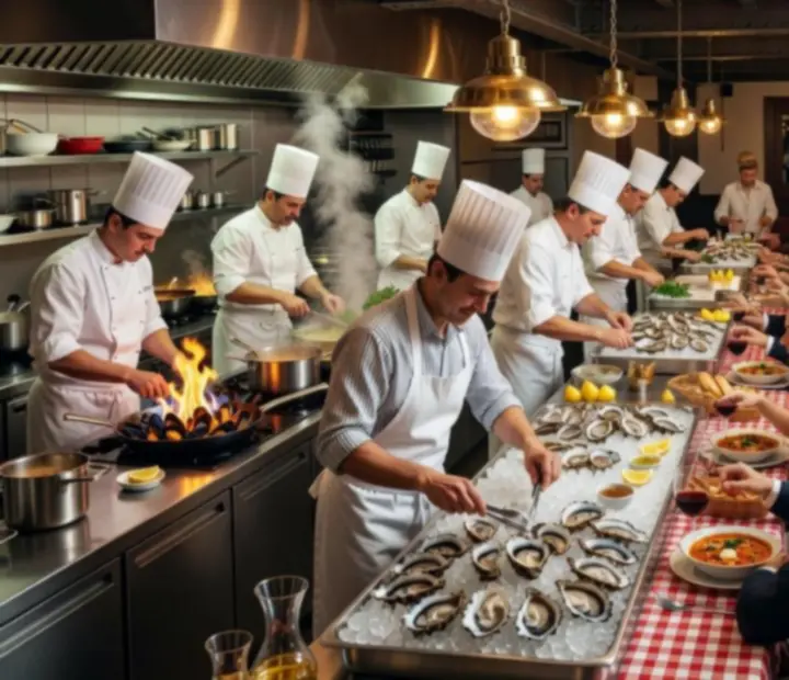 Salle de brasserie animée avec cuisine ouverte et invités attablés