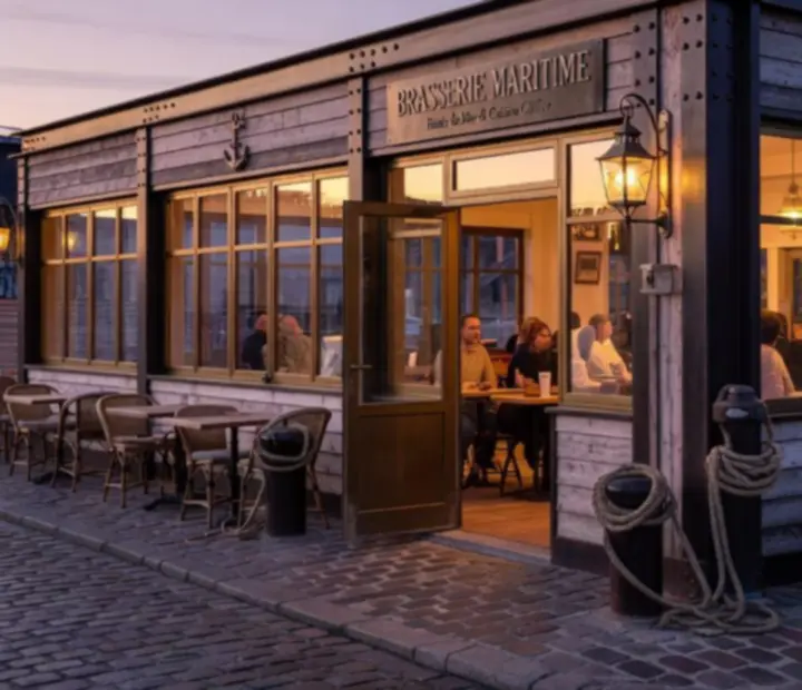 Façade de la brasserie Rencontrehub en soirée, lumière chaude et ambiance maritime.