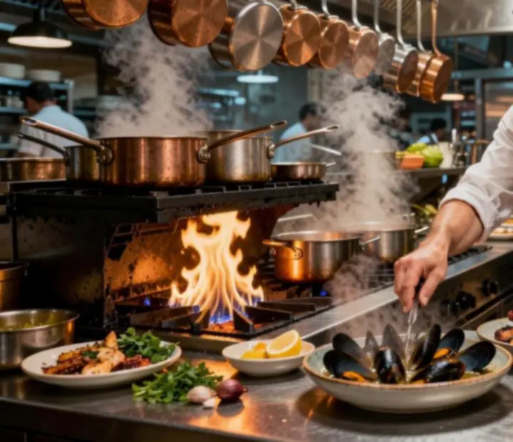 Plats chauds en cours de cuisson sur un fourneau de brasserie ouverte