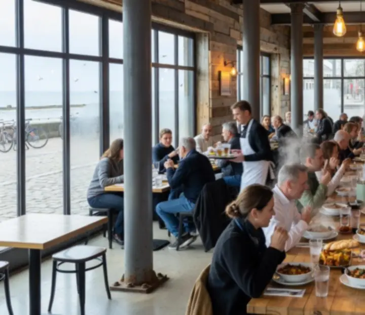 Intérieur de la brasserie Rencontrehub : structure acier brut, bois chaleureux et lumière naturelle.