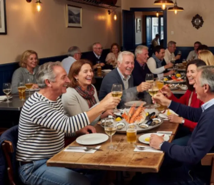 Clients attablés dans une brasserie maritime industrielle, dégustant des plateaux de fruits de mer