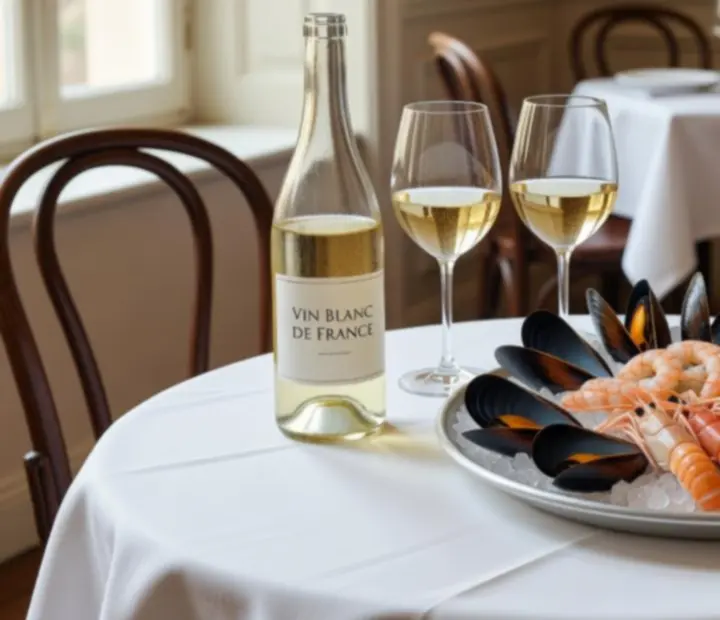 Verres de vin blanc et rouge avec assiette de fruits de mer