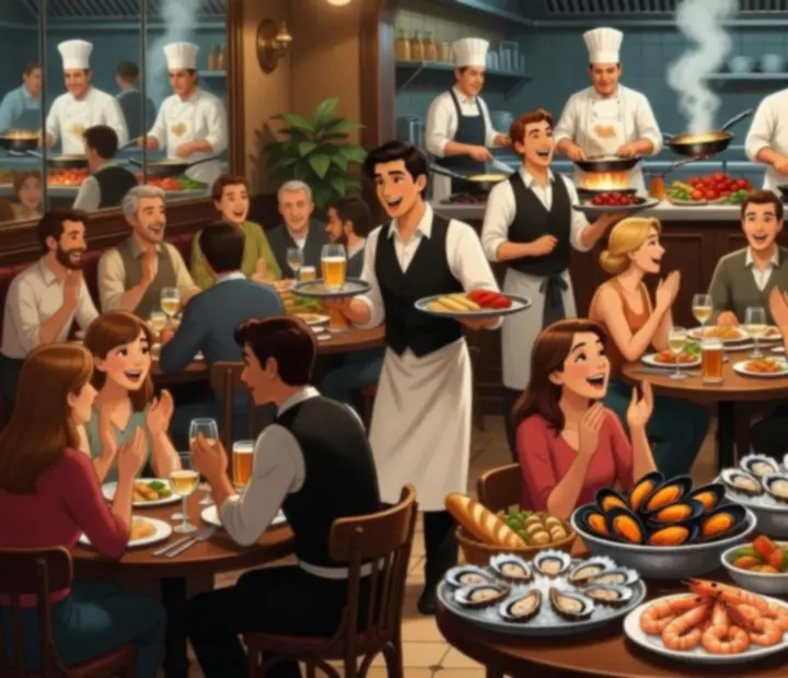 Salle de la brasserie Rencontrehub en plein service, tables animées et cuisine ouverte en action.