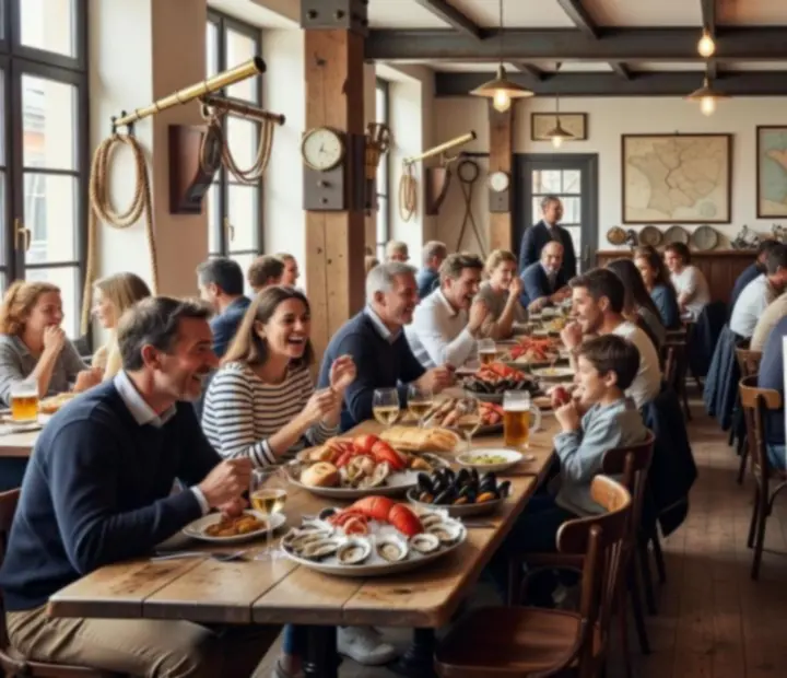 Salle de brasserie maritime animée avec cuisine ouverte et clients attablés