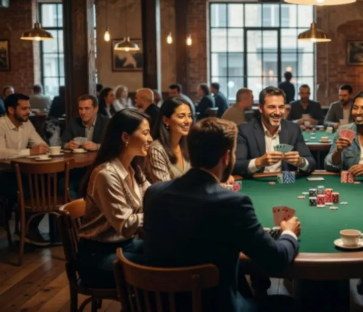 Partie de poker en cours avec joueurs concentrés autour d'une table en feutre
