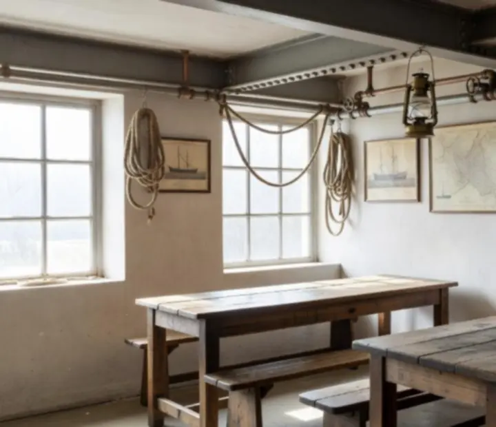 Détails d’un lounge industriel maritime avec acier brut, bois vieilli et lumière naturelle