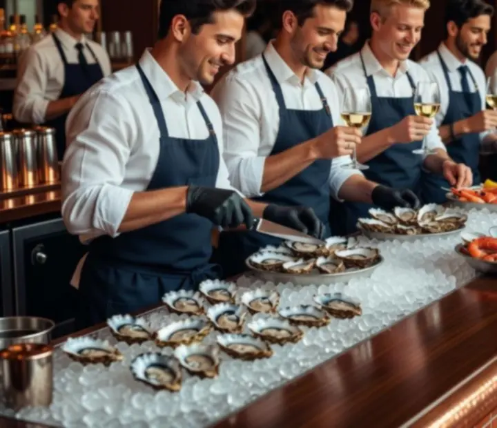 Bar à huîtres avec plateaux de fruits de mer et équipe en pleine ouverture