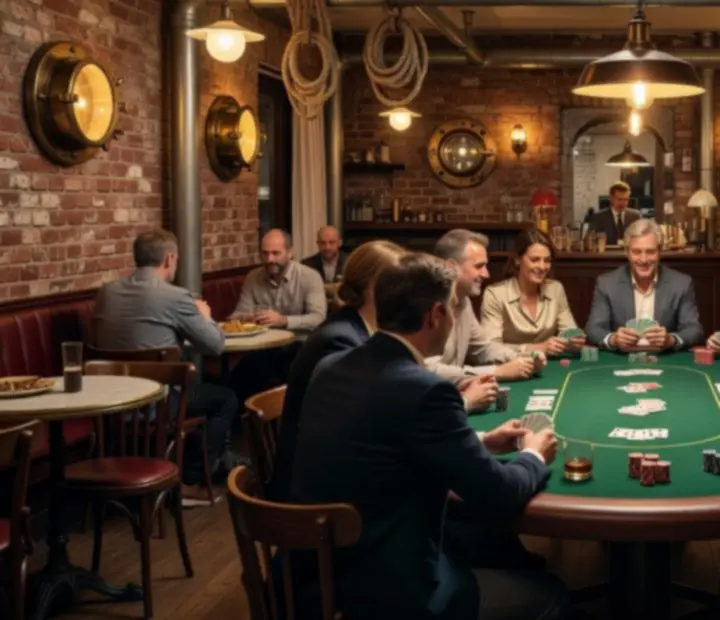Atmosphère de poker night conviviale dans une salle à l'arrière d'une brasserie