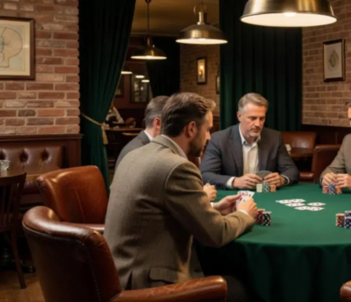 Salon de poker Rencontrehub en soirée, table éclairée et ambiance feutrée.