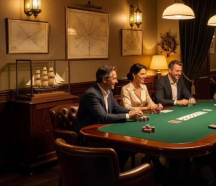 Poker room conviviale en fond de brasserie, avec tables en feutre vert