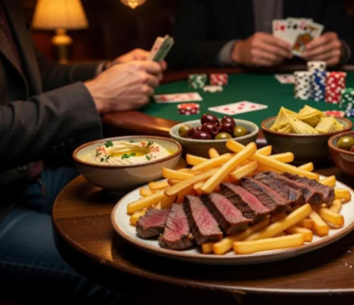Assiette de snacks salés sur une table de poker