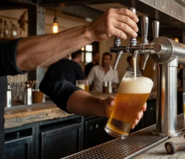 Serveur tirant une bière pression derrière le bar