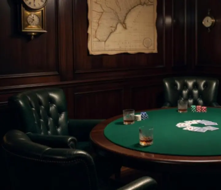 Salon de poker privé chaleureux avec tables et jetons