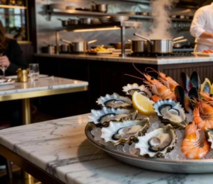 Plateaux de fruits de mer dressés devant une cuisine ouverte animée