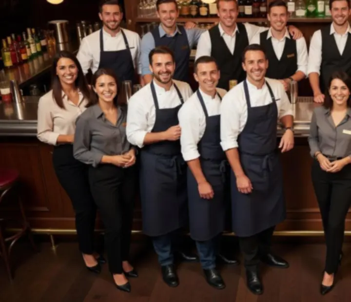 Équipe souriante de la brasserie derrière le bar